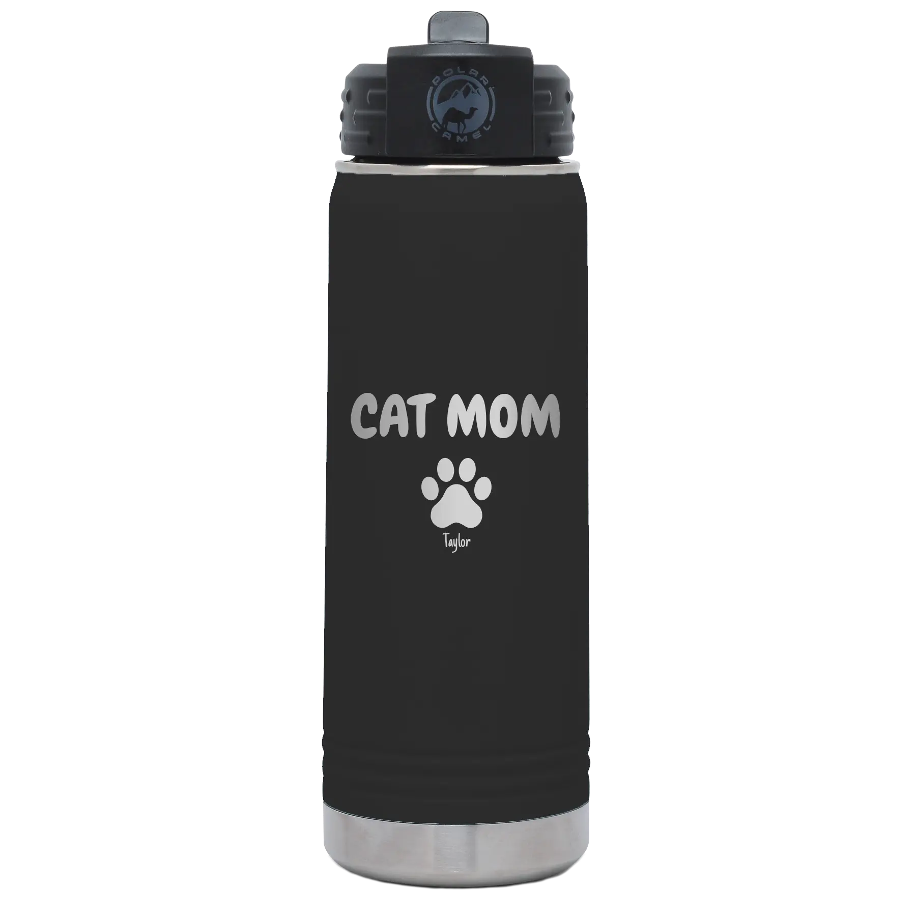 Personalized black 20 oz vacuum insulated water bottle with 'Cat Dog Mom Dad 1 paw' design