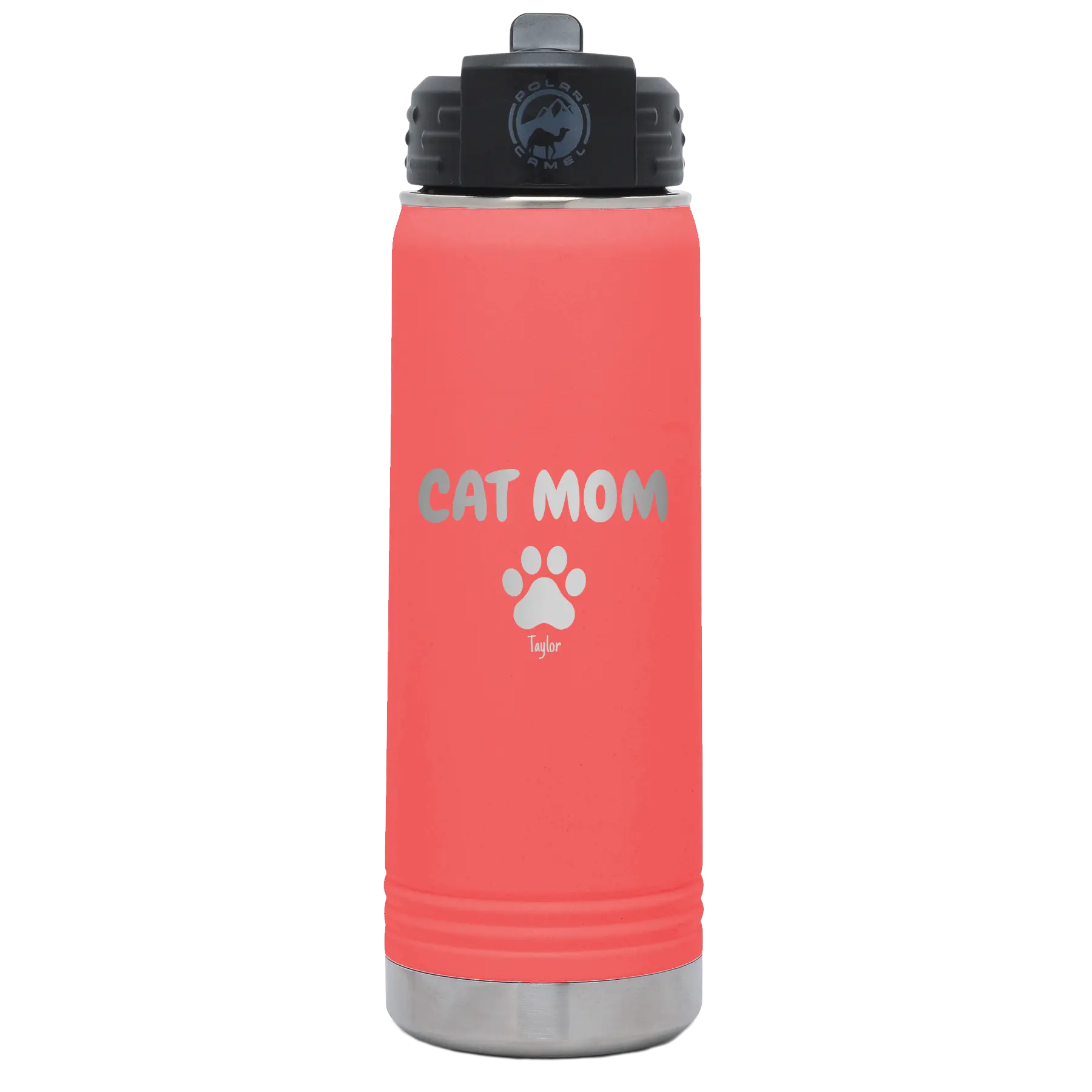 Personalized coral 20 oz vacuum insulated water bottle with 'Cat Dog Mom Dad 1 paw' design