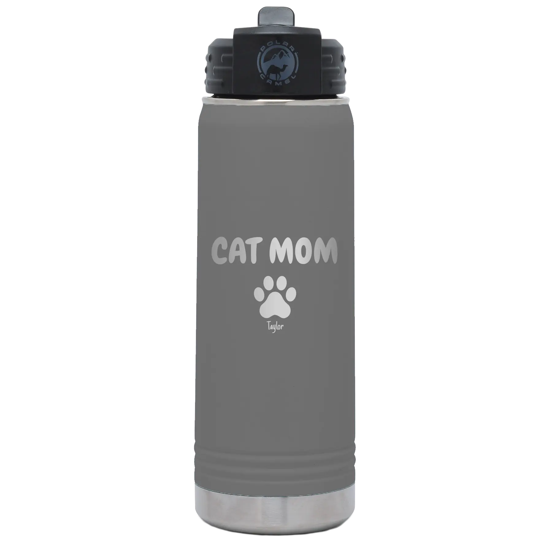 Personalized dark gray 20 oz vacuum insulated water bottle with 'Cat Dog Mom Dad 1 paw' design
