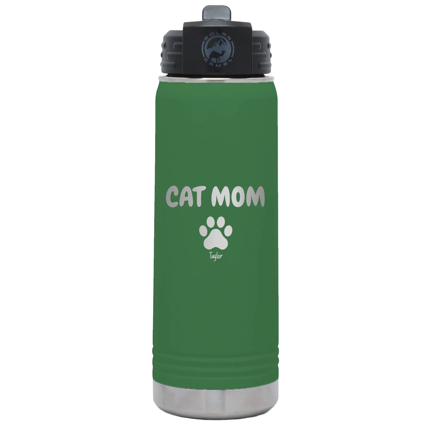 Personalized green 20 oz vacuum insulated water bottle with 'Cat Dog Mom Dad 1 paw' design