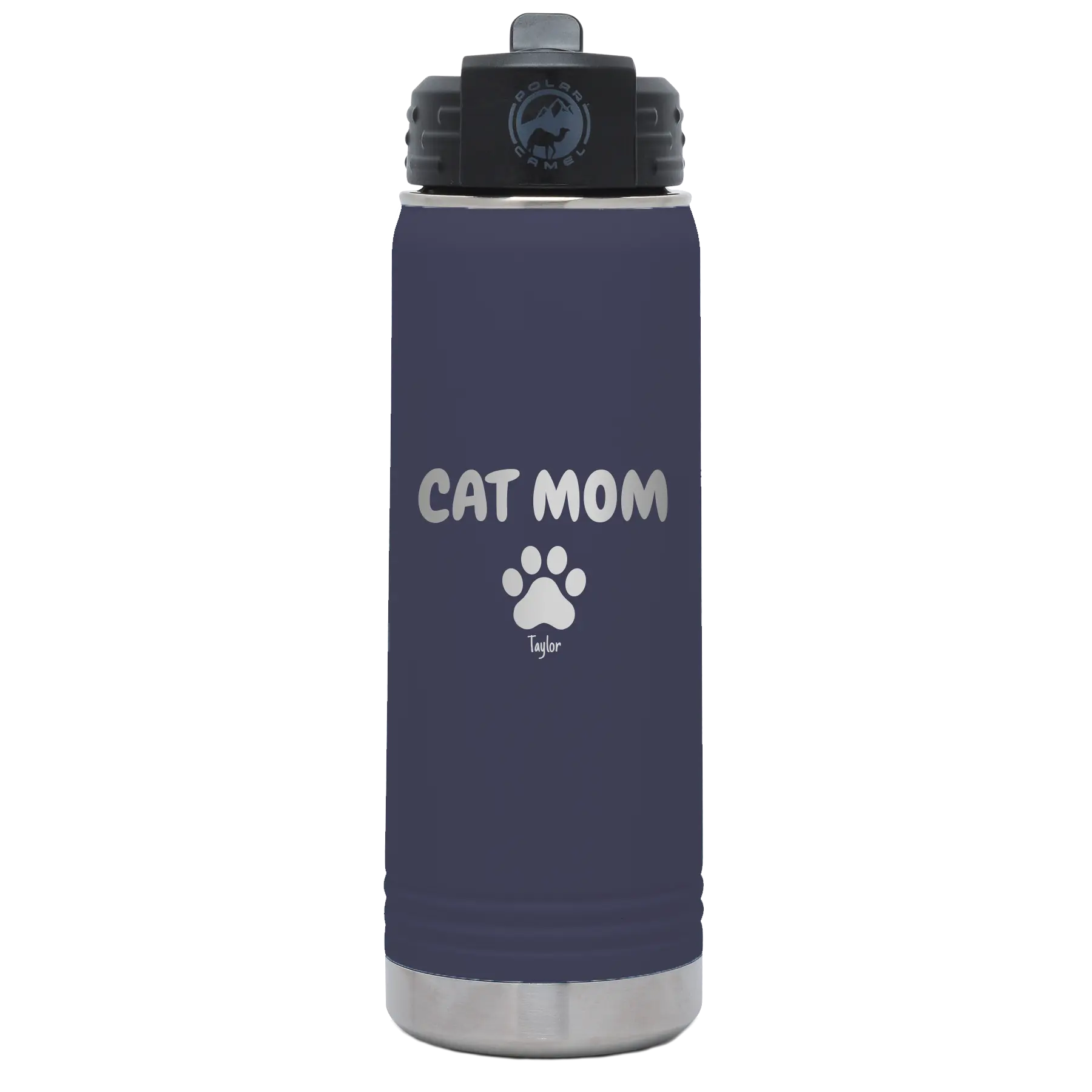 Personalized navy 20 oz vacuum insulated water bottle with 'Cat Dog Mom Dad 1 paw' design