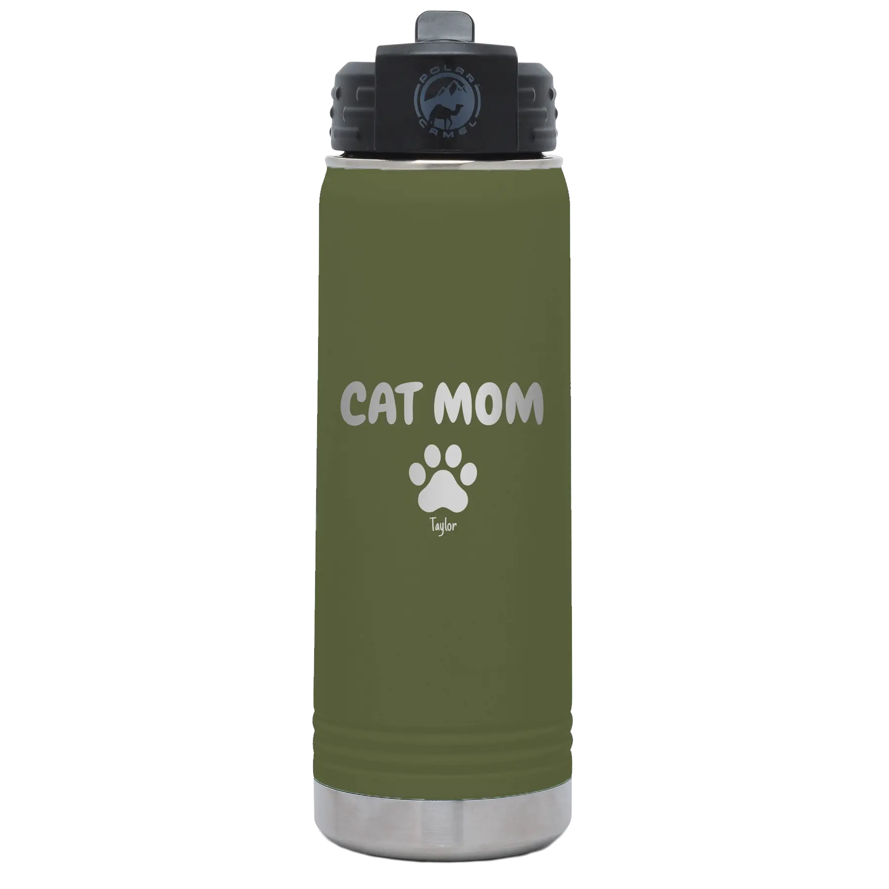 Personalized olive green 20 oz vacuum insulated water bottle with 'Cat Dog Mom Dad 1 paw' design