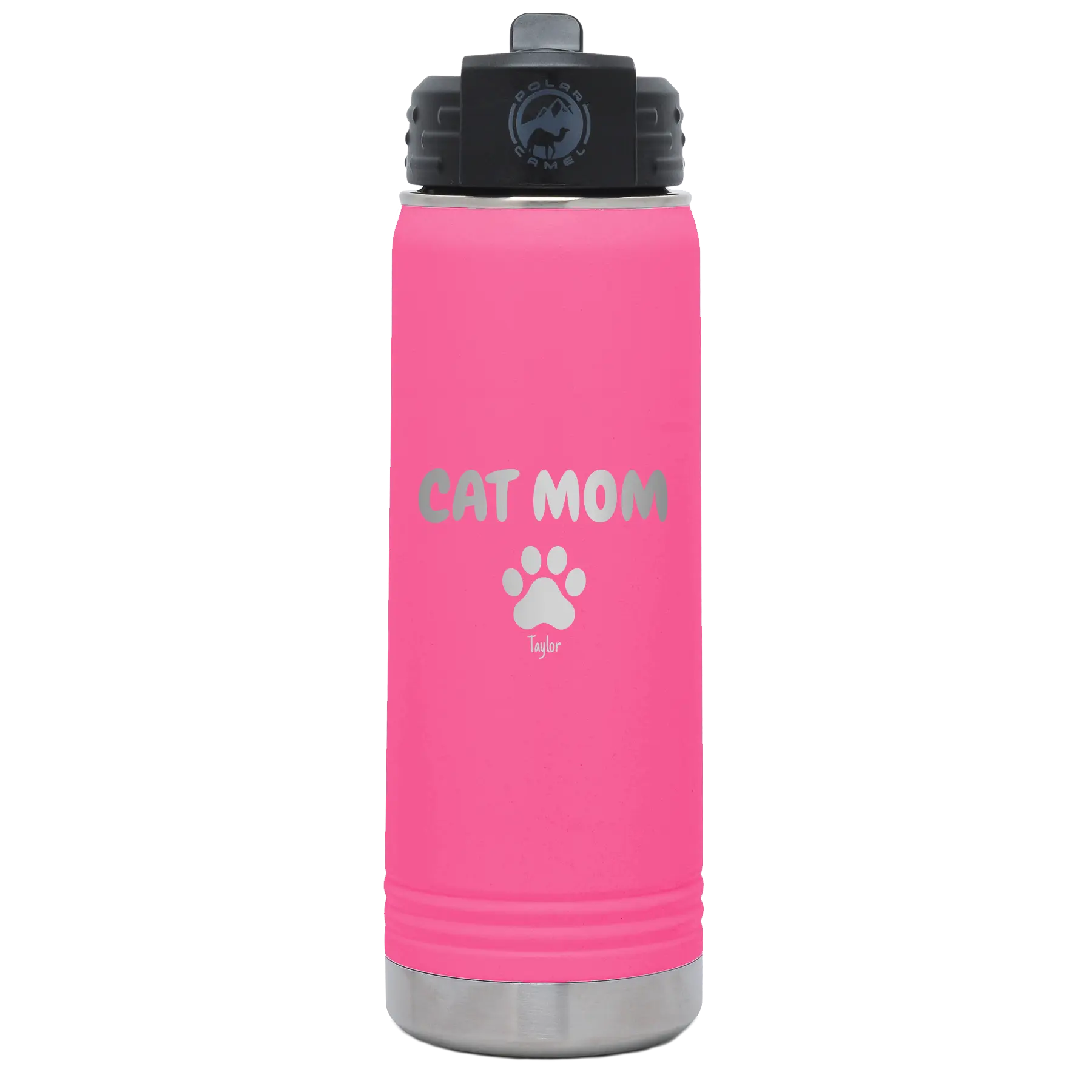 Personalized pink 20 oz vacuum insulated water bottle with 'Cat Dog Mom Dad 1 paw' design