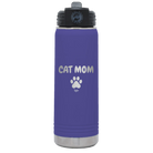 Personalized purple 20 oz vacuum insulated water bottle with 'Cat Dog Mom Dad 1 paw' design