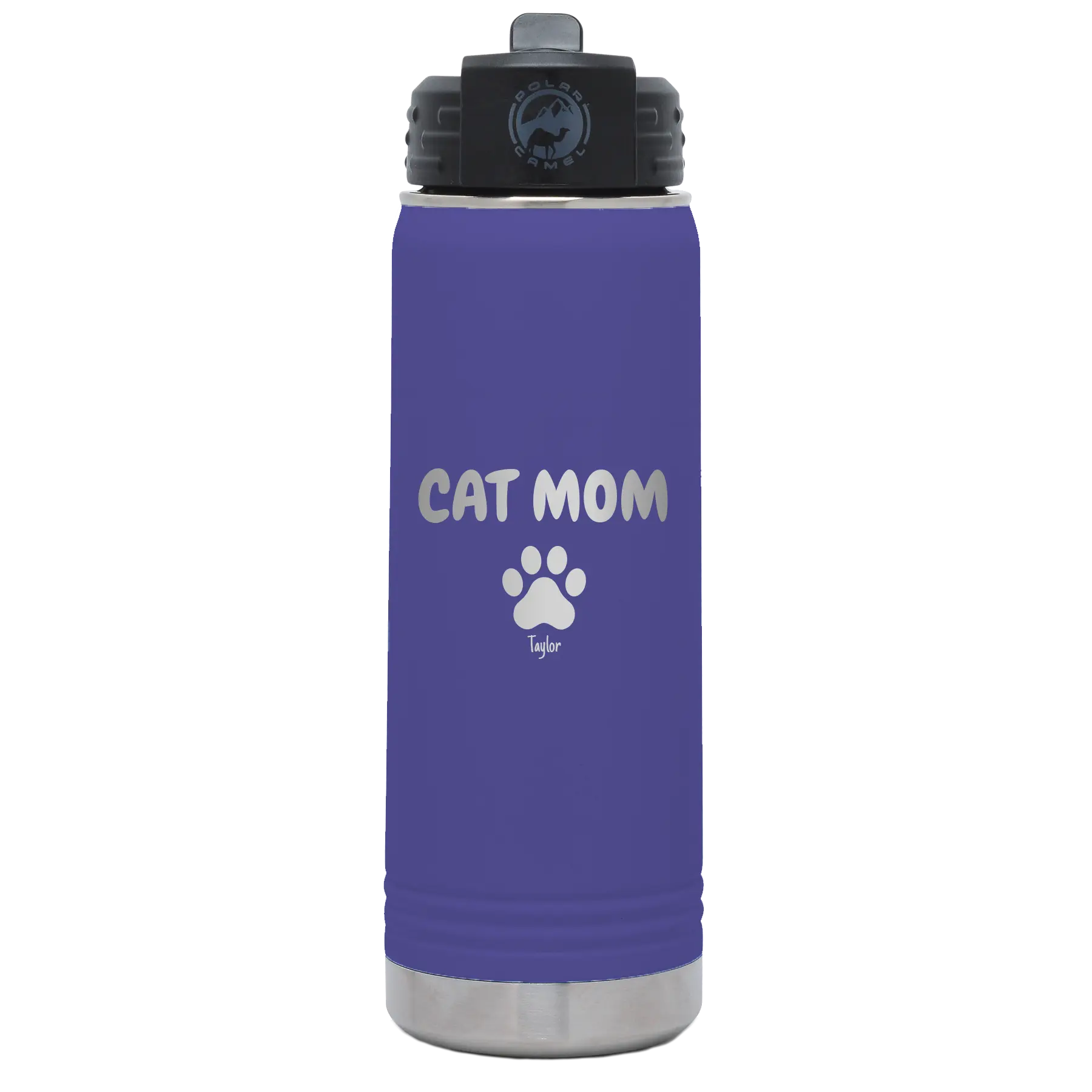 Personalized purple 20 oz vacuum insulated water bottle with 'Cat Dog Mom Dad 1 paw' design