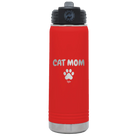 Personalized red 20 oz vacuum insulated water bottle with 'Cat Dog Mom Dad 1 paw' design