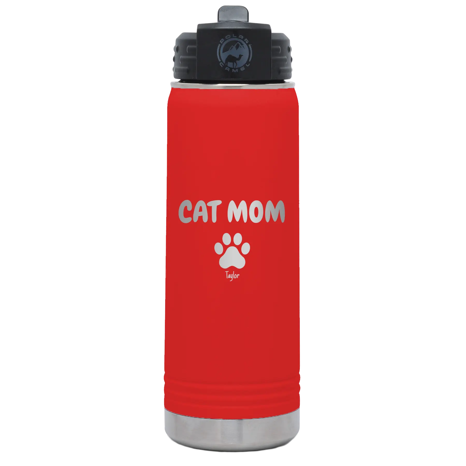 Personalized red 20 oz vacuum insulated water bottle with 'Cat Dog Mom Dad 1 paw' design