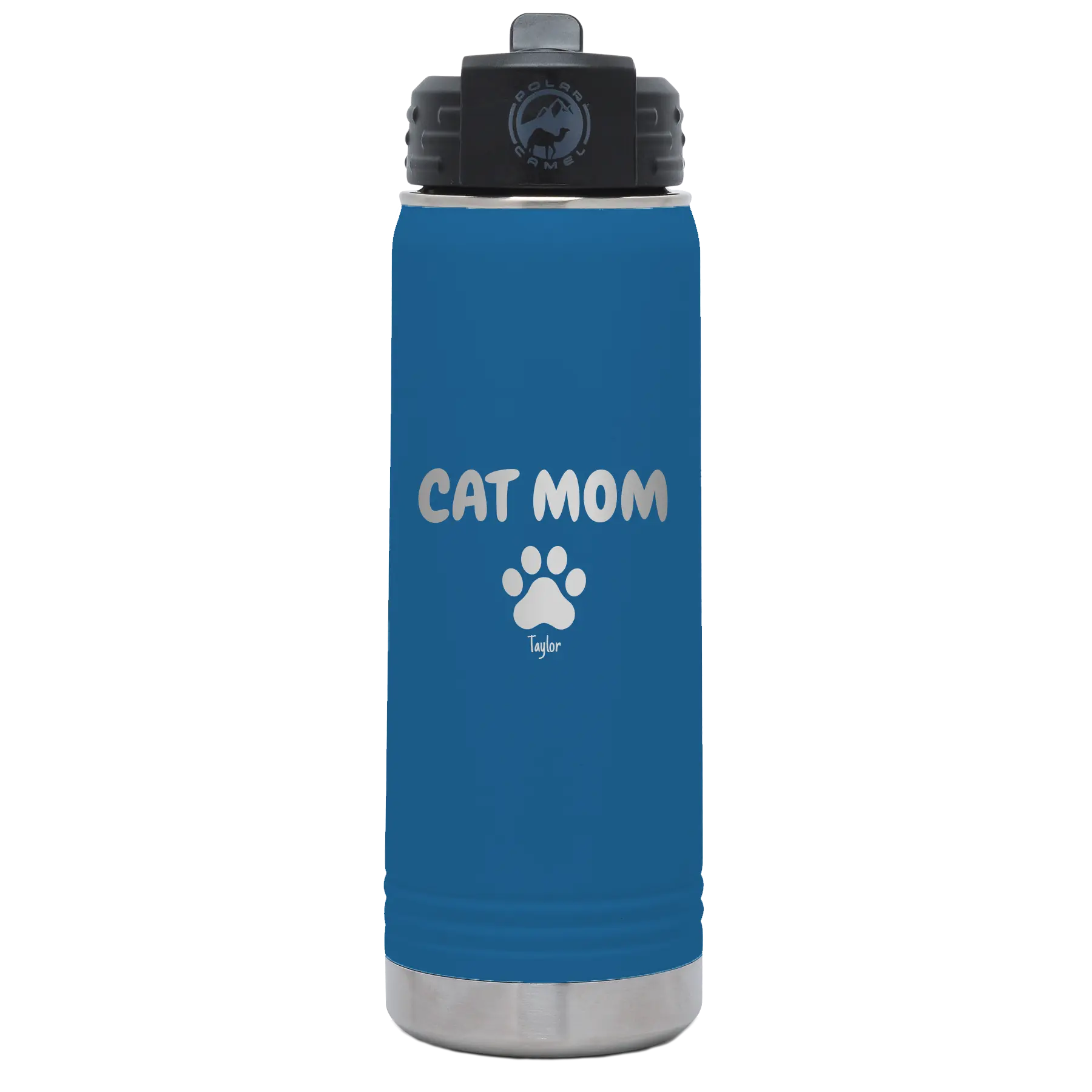 Personalized royal blue 20 oz vacuum insulated water bottle with 'Cat Dog Mom Dad 1 paw' design