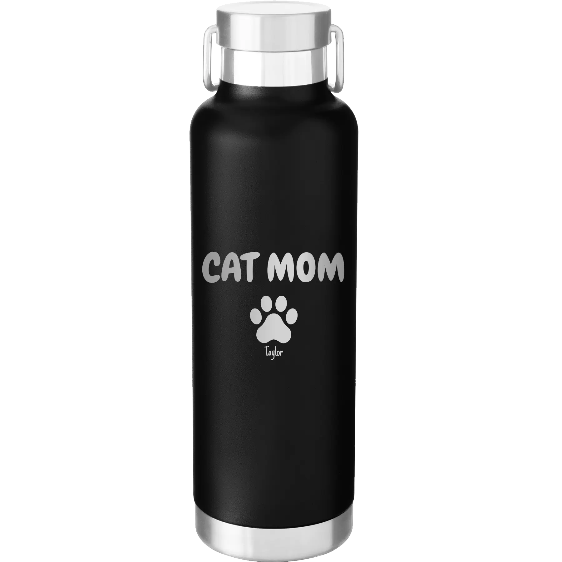 Personalized black 24 oz vacuum insulated water bottle with 'Cat Dog Mom Dad 1 paw' design
