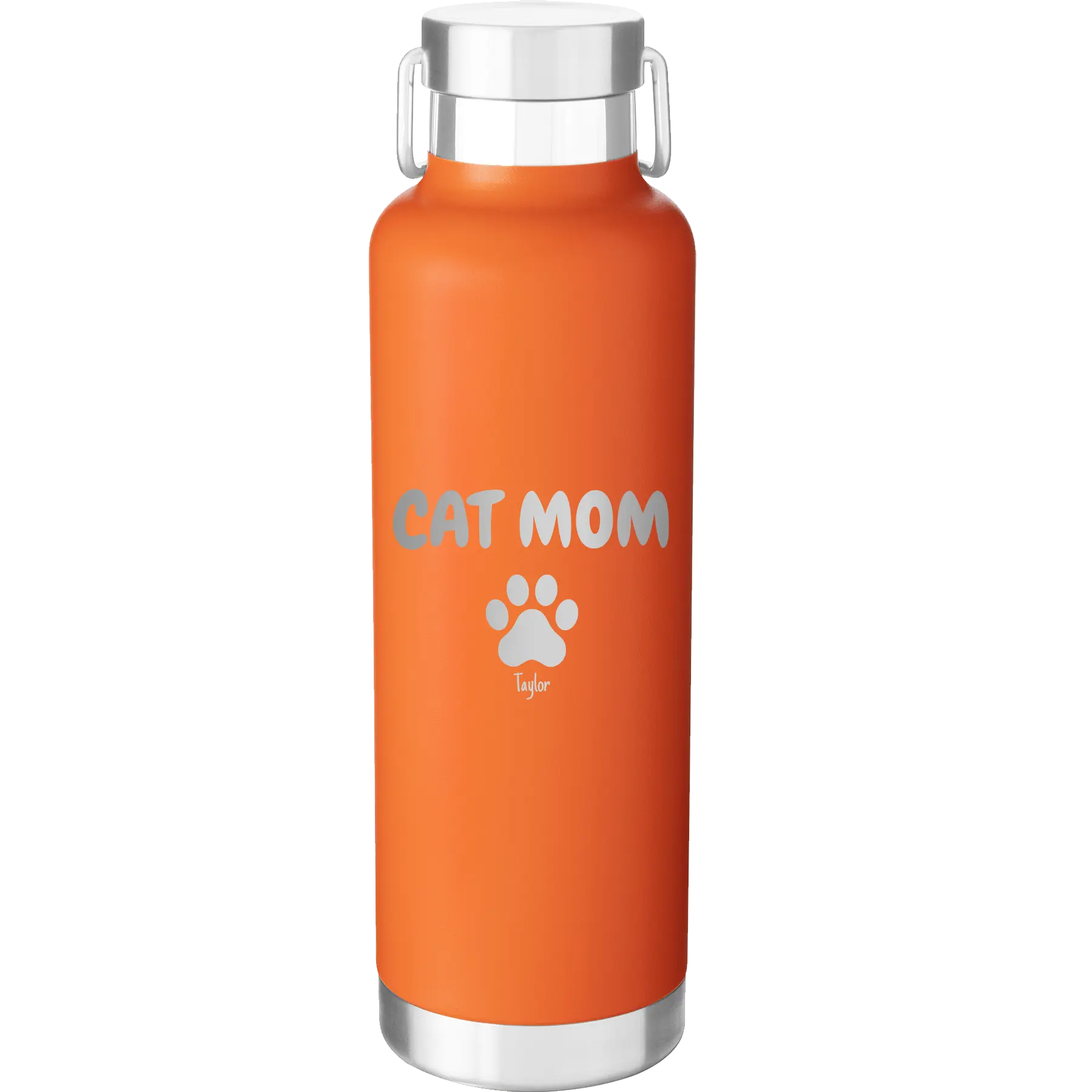 Personalized orange 24 oz vacuum insulated water bottle with 'Cat Dog Mom Dad 1 paw' design