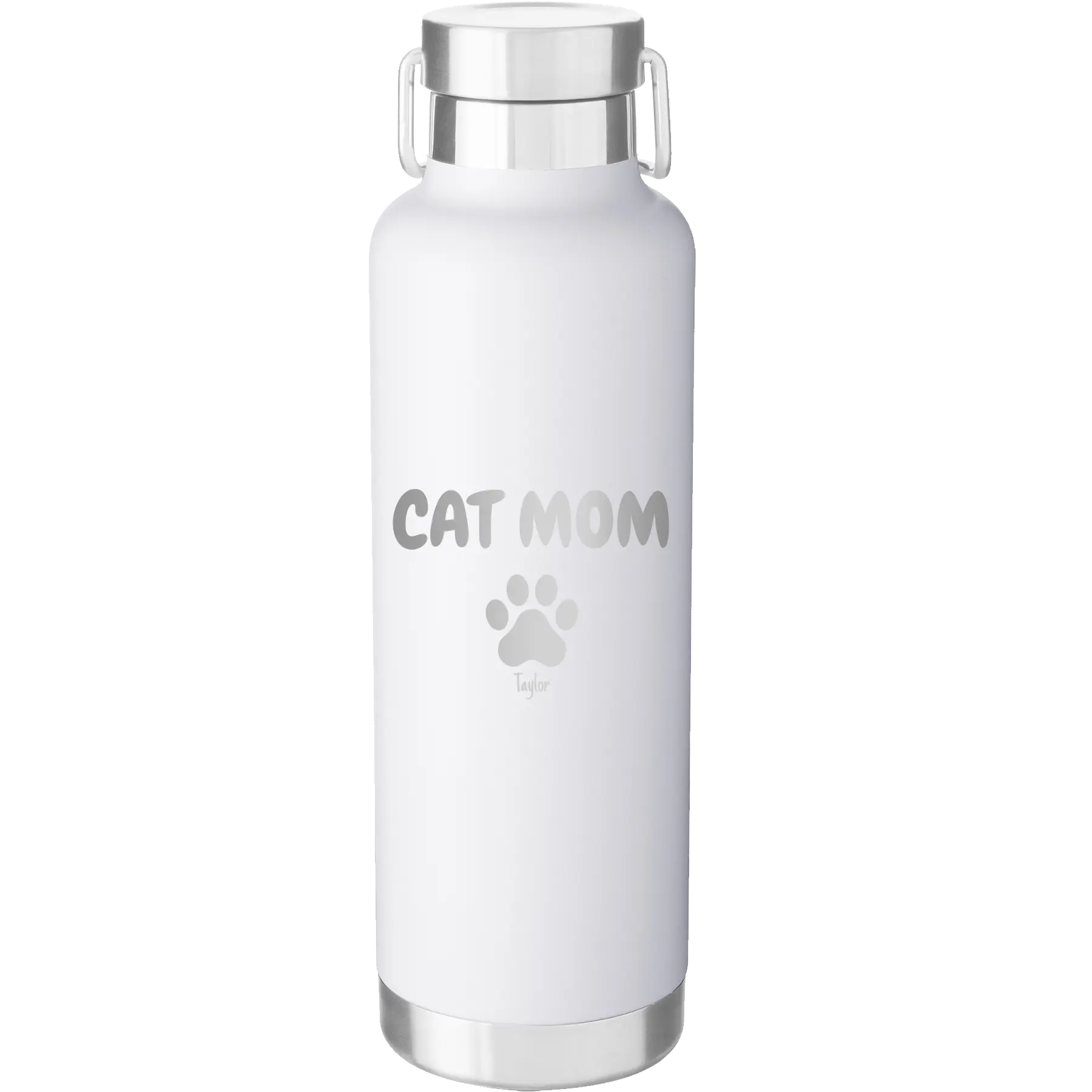 Personalized white 24 oz vacuum insulated water bottle with 'Cat Dog Mom Dad 1 paw' design