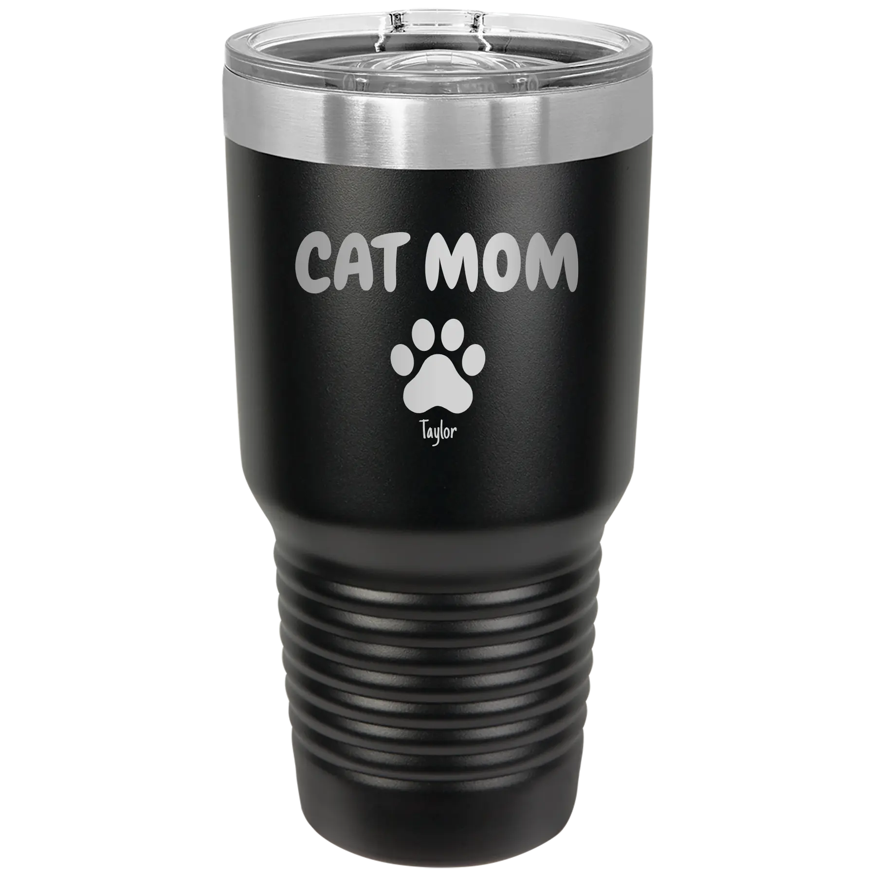 Personalized black 30 oz vacuum insulated tumbler with 'Cat Dog Mom Dad 1 paw' design