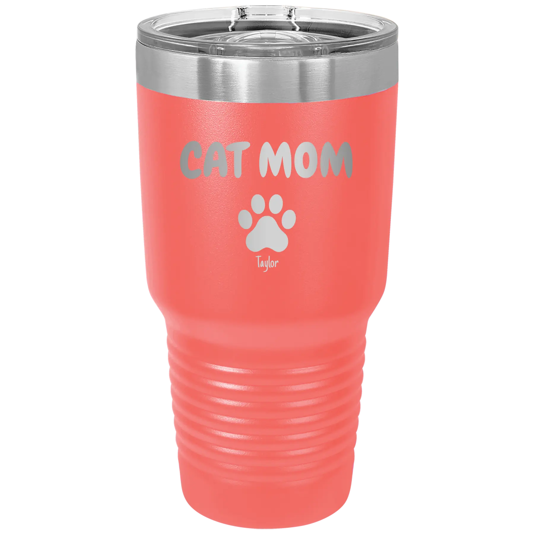 Personalized coral 30 oz vacuum insulated tumbler with 'Cat Dog Mom Dad 1 paw' design