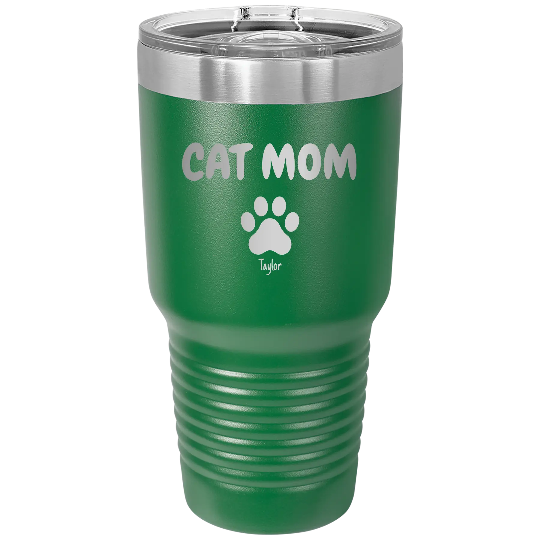 Personalized green 30 oz vacuum insulated tumbler with 'Cat Dog Mom Dad 1 paw' design