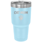 Personalized light blue 30 oz vacuum insulated tumbler with 'Cat Dog Mom Dad 1 paw' design