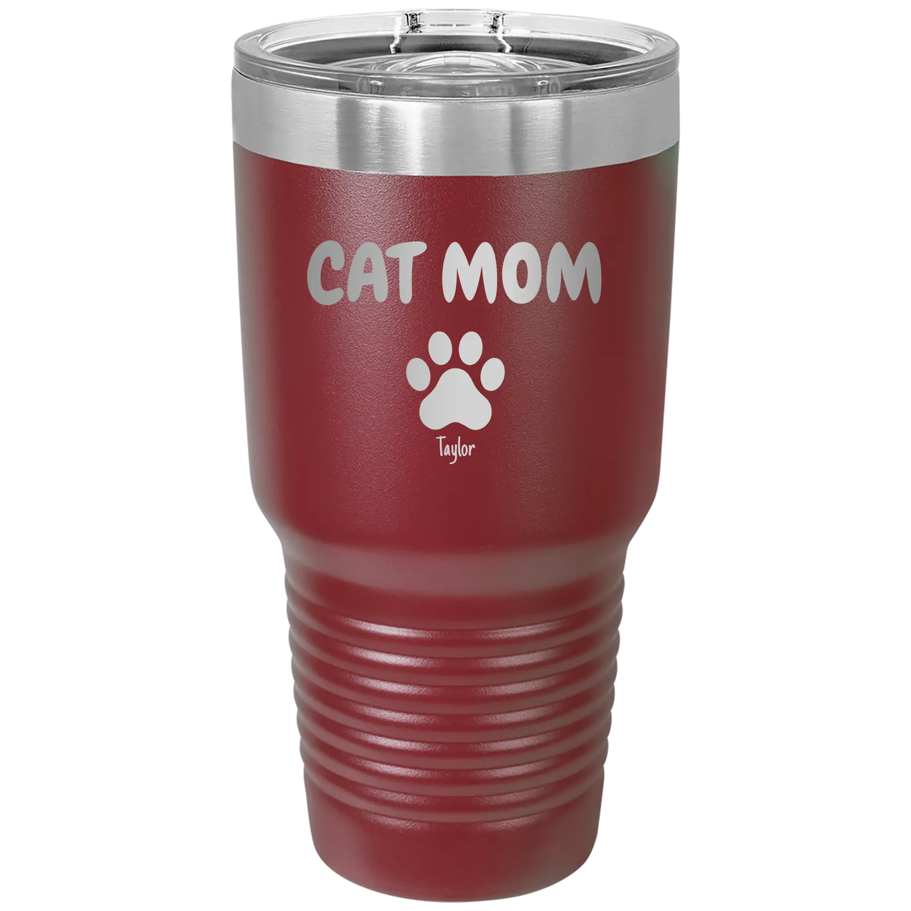 Personalized maroon 30 oz vacuum insulated tumbler with 'Cat Dog Mom Dad 1 paw' design