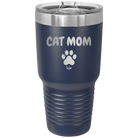 Personalized navy 30 oz vacuum insulated tumbler with 'Cat Dog Mom Dad 1 paw' design