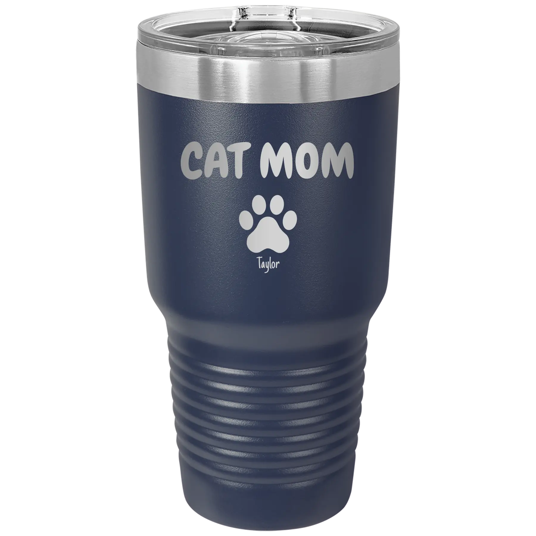 Personalized navy 30 oz vacuum insulated tumbler with 'Cat Dog Mom Dad 1 paw' design