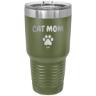 Personalized olive green 30 oz vacuum insulated tumbler with 'Cat Dog Mom Dad 1 paw' design