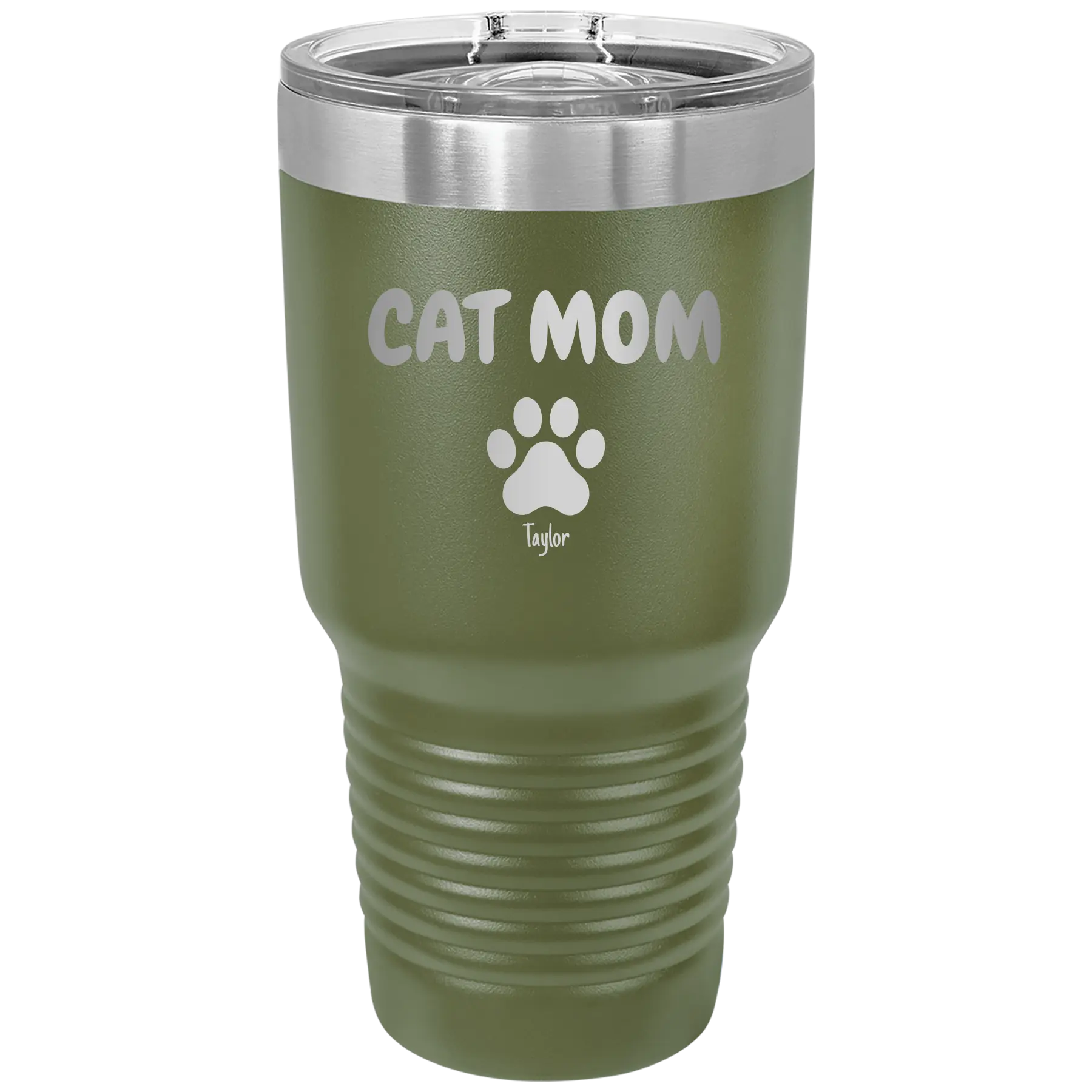 Personalized olive green 30 oz vacuum insulated tumbler with 'Cat Dog Mom Dad 1 paw' design