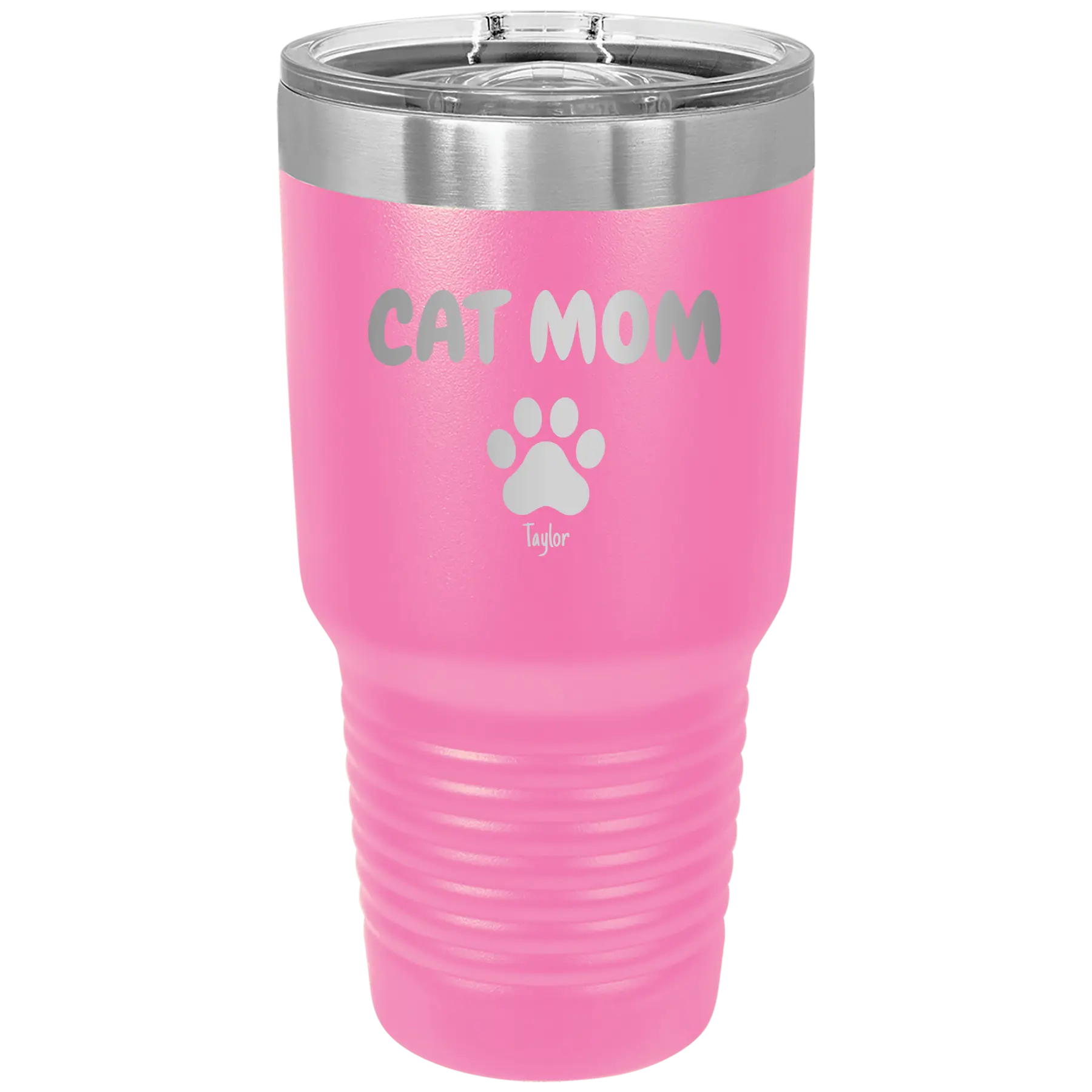 Personalized pink 30 oz vacuum insulated tumbler with 'Cat Dog Mom Dad 1 paw' design