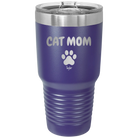 Personalized purple 30 oz vacuum insulated tumbler with 'Cat Dog Mom Dad 1 paw' design