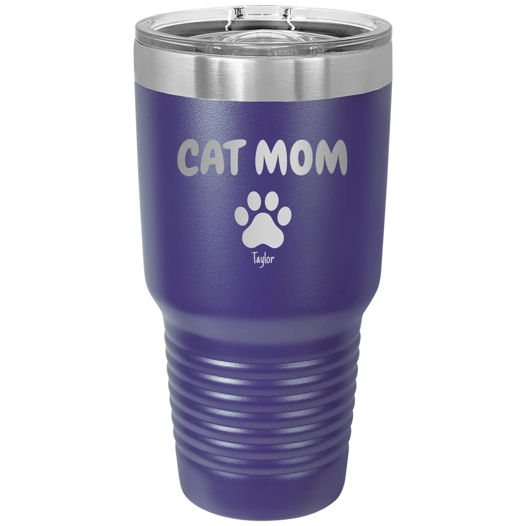 Personalized purple 30 oz vacuum insulated tumbler with 'Cat Dog Mom Dad 1 paw' design