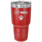 Personalized red 30 oz vacuum insulated tumbler with 'Cat Dog Mom Dad 1 paw' design