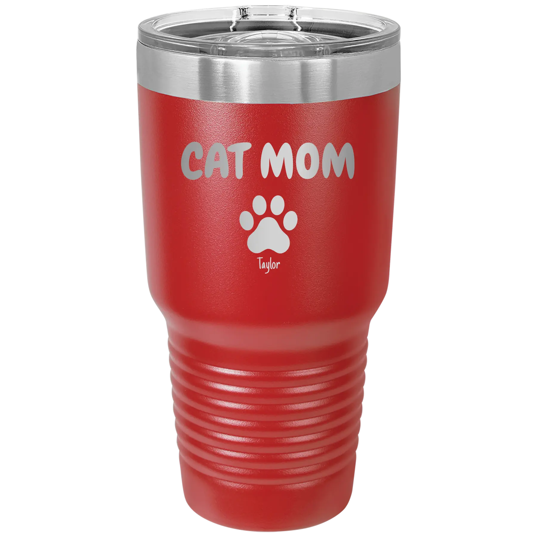 Personalized red 30 oz vacuum insulated tumbler with 'Cat Dog Mom Dad 1 paw' design