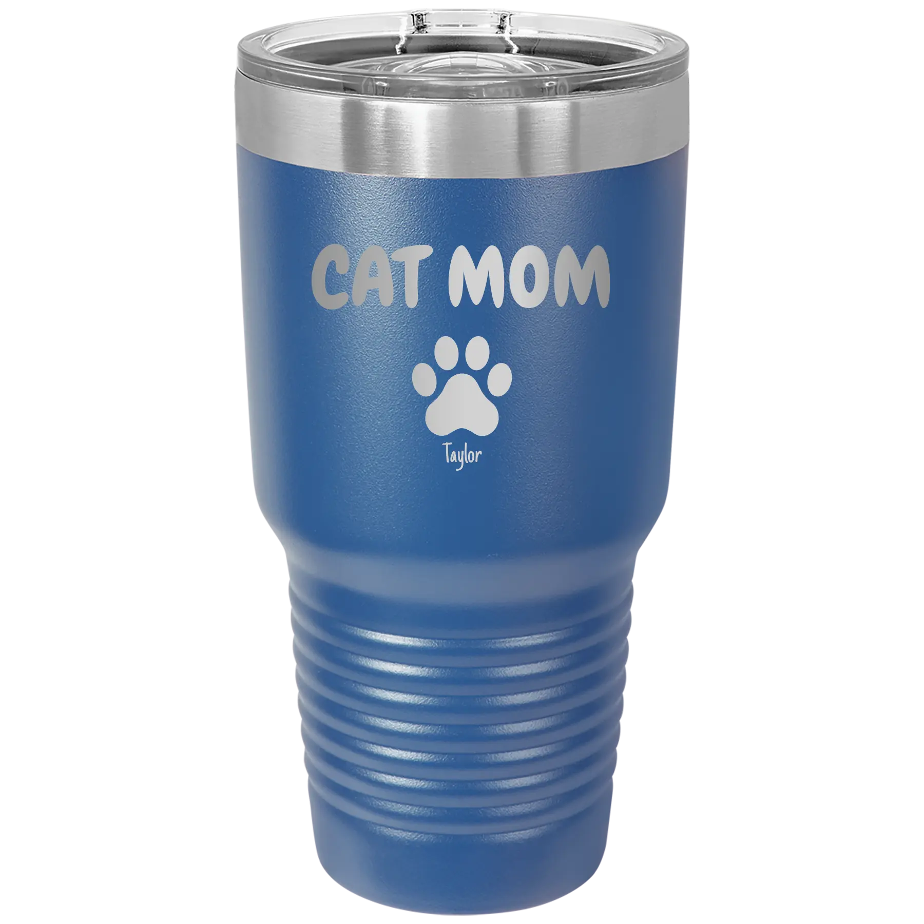 Personalized royal blue 30 oz vacuum insulated tumbler with 'Cat Dog Mom Dad 1 paw' design