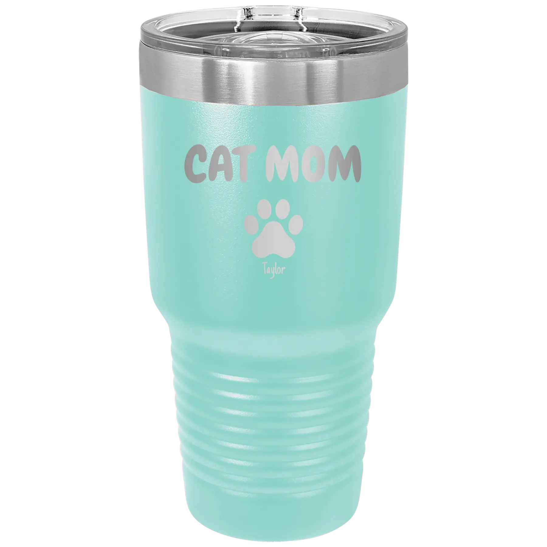 Personalized teal 30 oz vacuum insulated tumbler with 'Cat Dog Mom Dad 1 paw' design