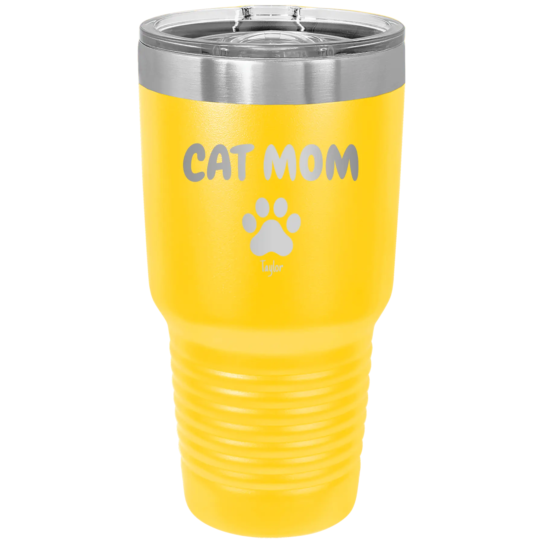 Personalized yellow 30 oz vacuum insulated tumbler with 'Cat Dog Mom Dad 1 paw' design