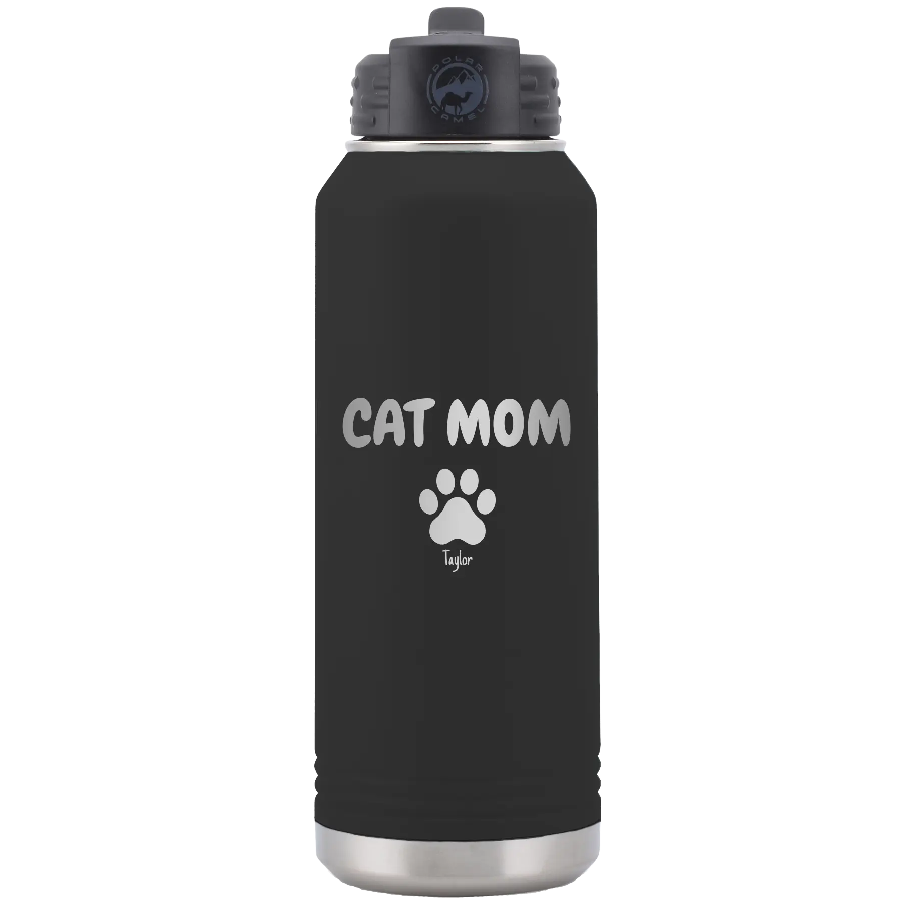 Personalized black 32 oz vacuum insulated water bottle with 'Cat Dog Mom Dad 1 paw' design