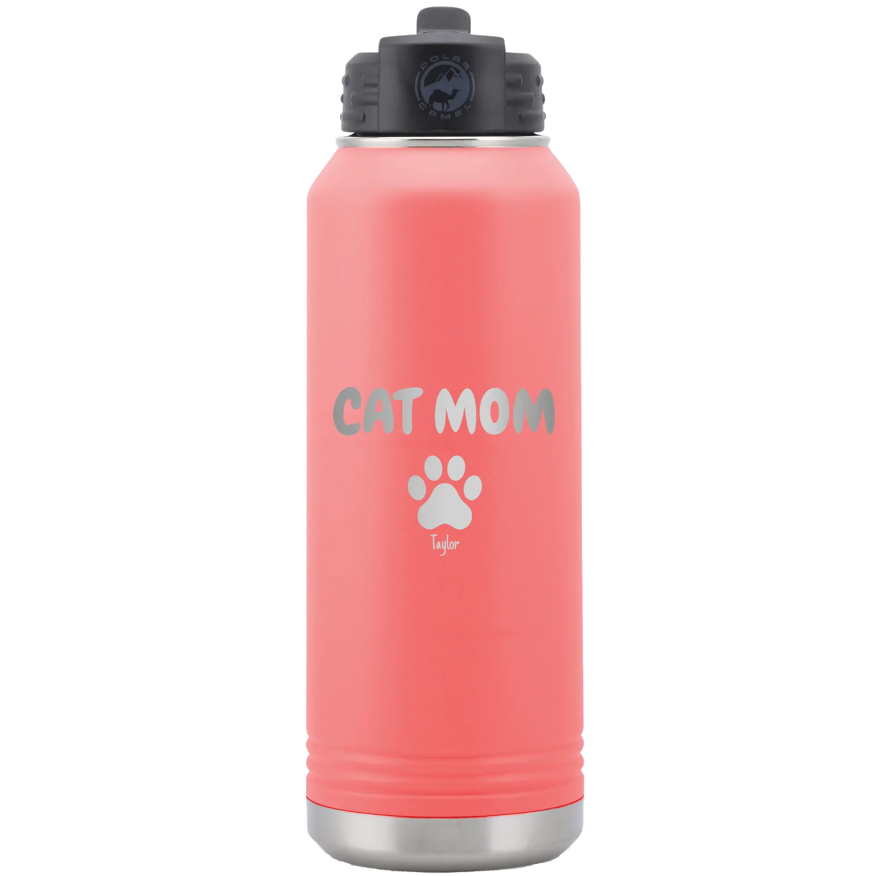 Personalized coral 32 oz vacuum insulated water bottle with 'Cat Dog Mom Dad 1 paw' design