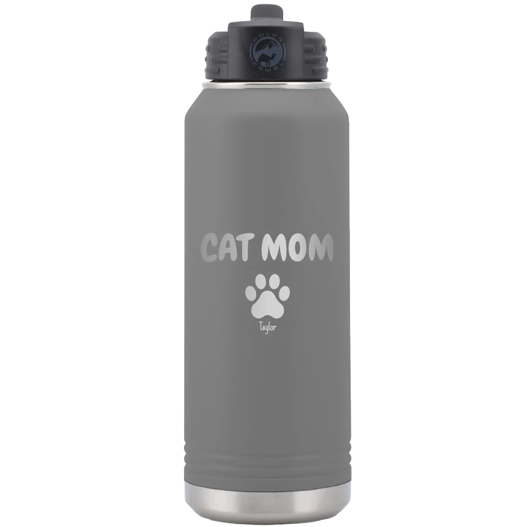 Personalized dark gray 32 oz vacuum insulated water bottle with 'Cat Dog Mom Dad 1 paw' design