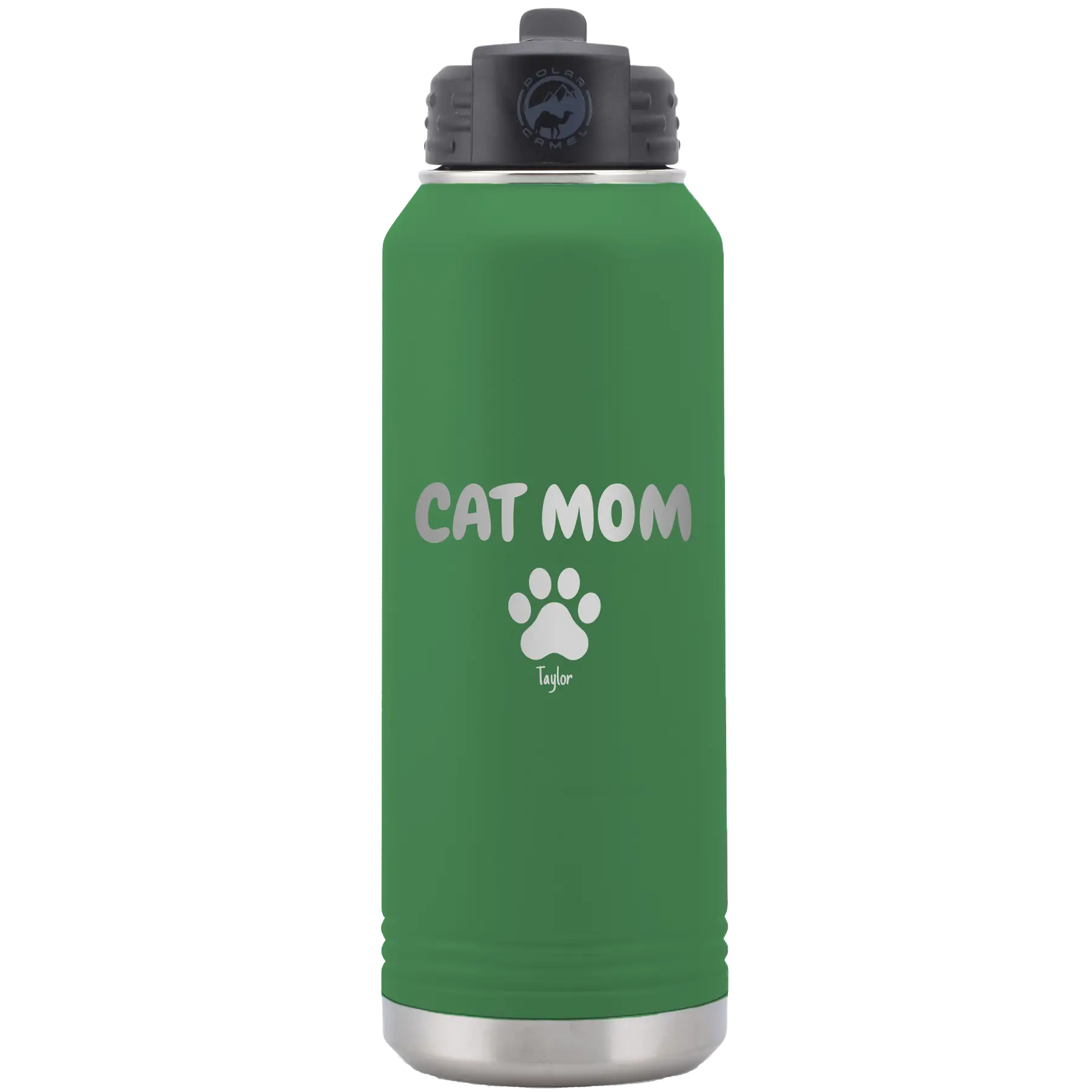 Personalized green 32 oz vacuum insulated water bottle with 'Cat Dog Mom Dad 1 paw' design