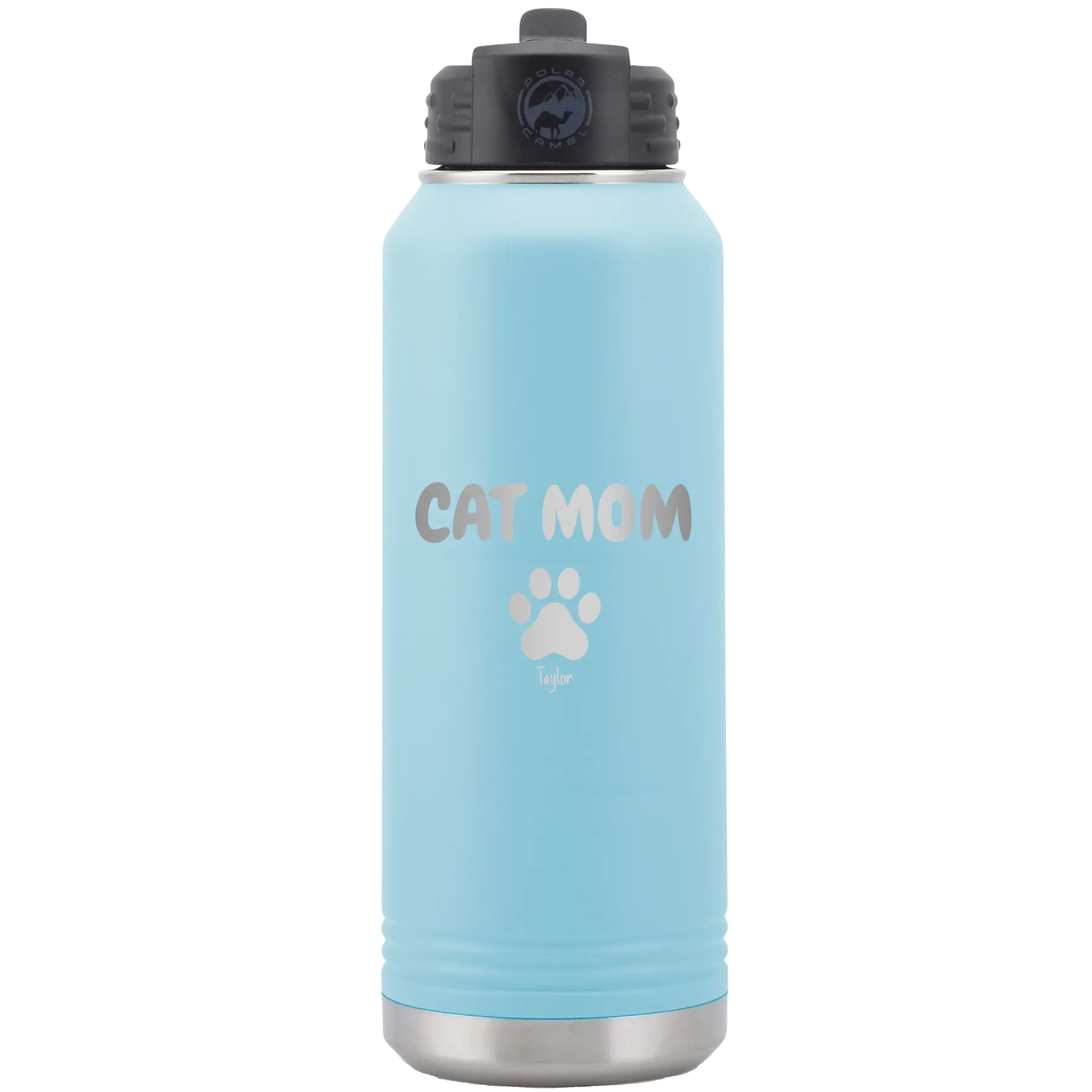 Personalized light blue 32 oz vacuum insulated water bottle with 'Cat Dog Mom Dad 1 paw' design