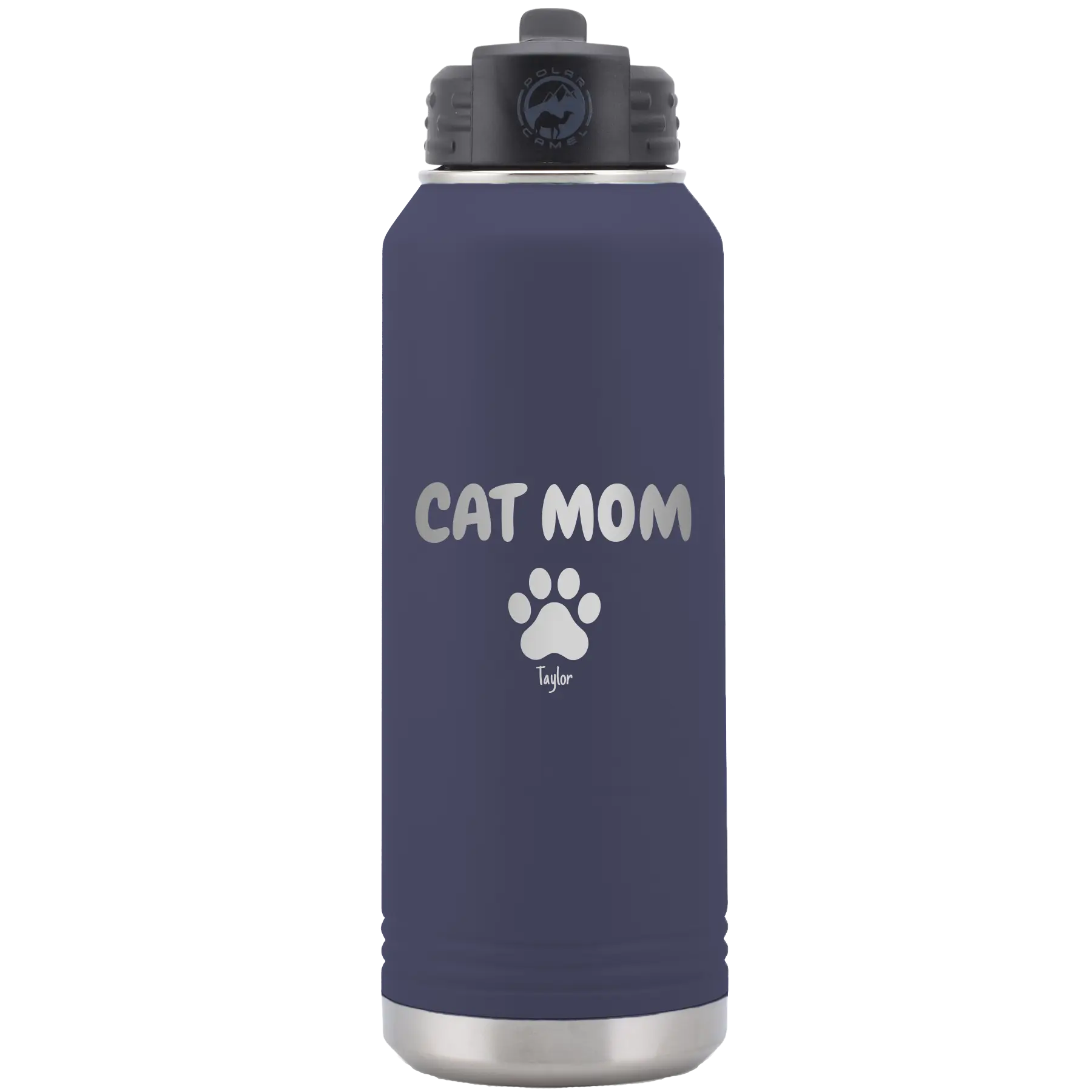 Personalized navy 32 oz vacuum insulated water bottle with 'Cat Dog Mom Dad 1 paw' design