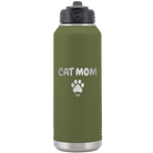 Personalized olive green 32 oz vacuum insulated water bottle with 'Cat Dog Mom Dad 1 paw' design