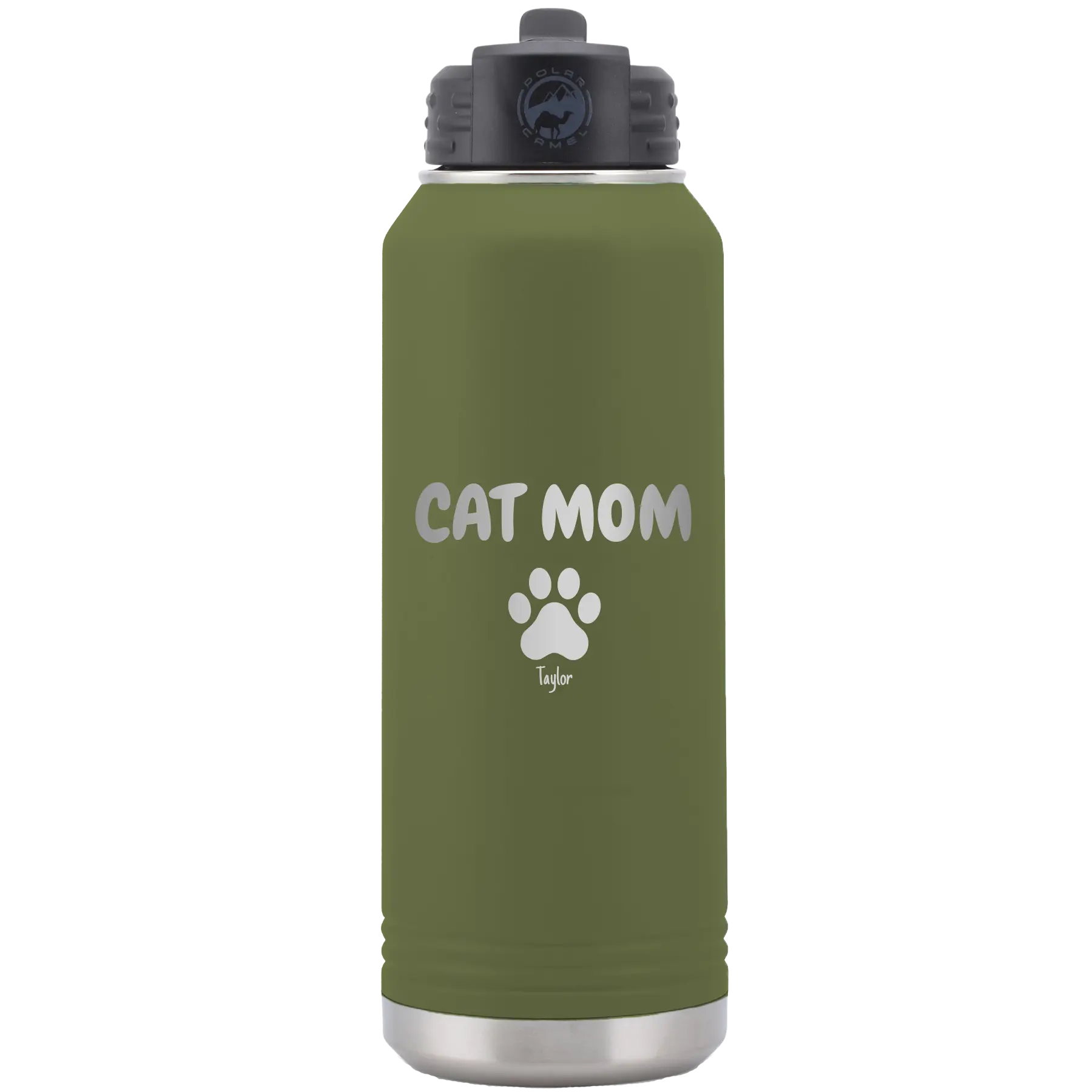 Personalized olive green 32 oz vacuum insulated water bottle with 'Cat Dog Mom Dad 1 paw' design