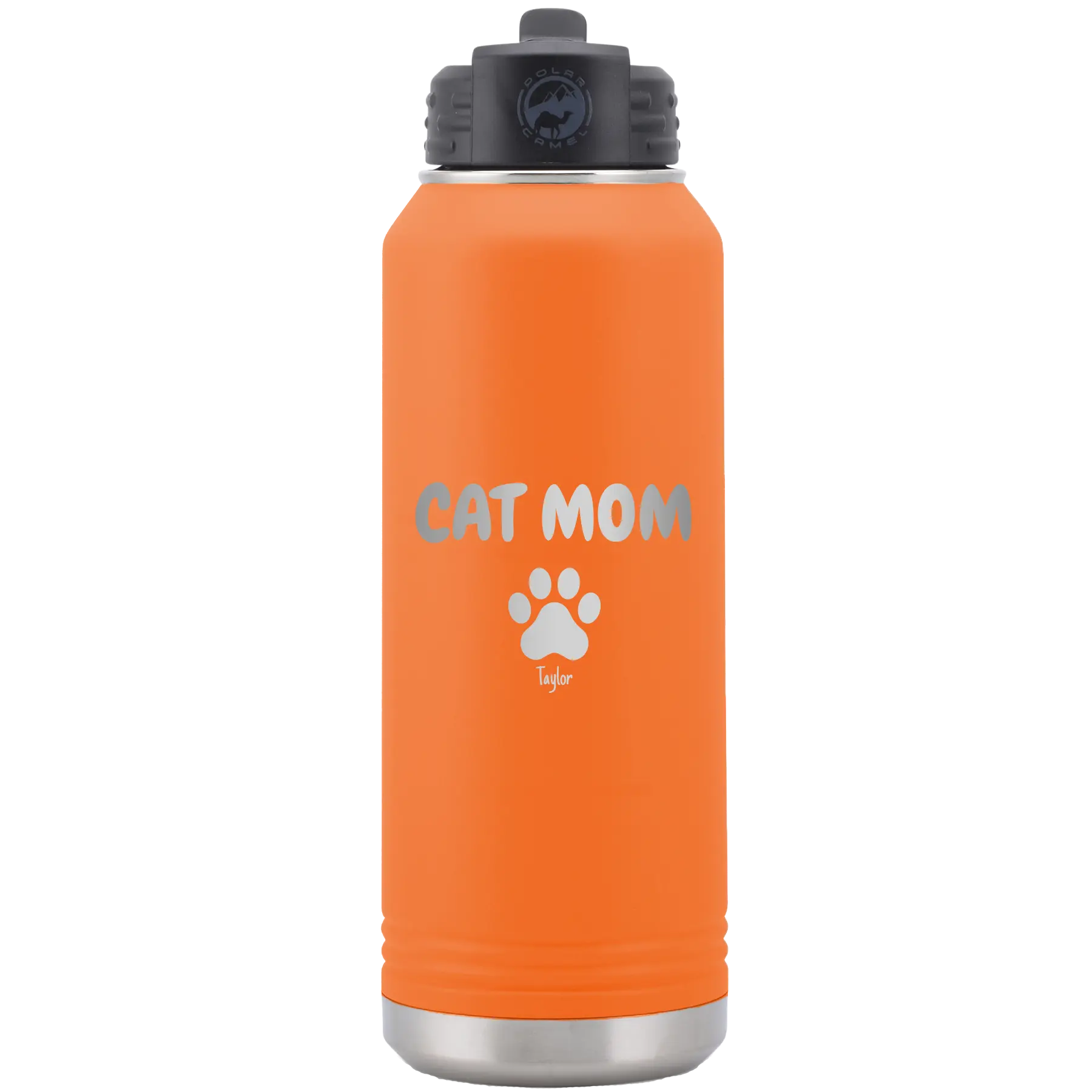 Personalized orange 32 oz vacuum insulated water bottle with 'Cat Dog Mom Dad 1 paw' design