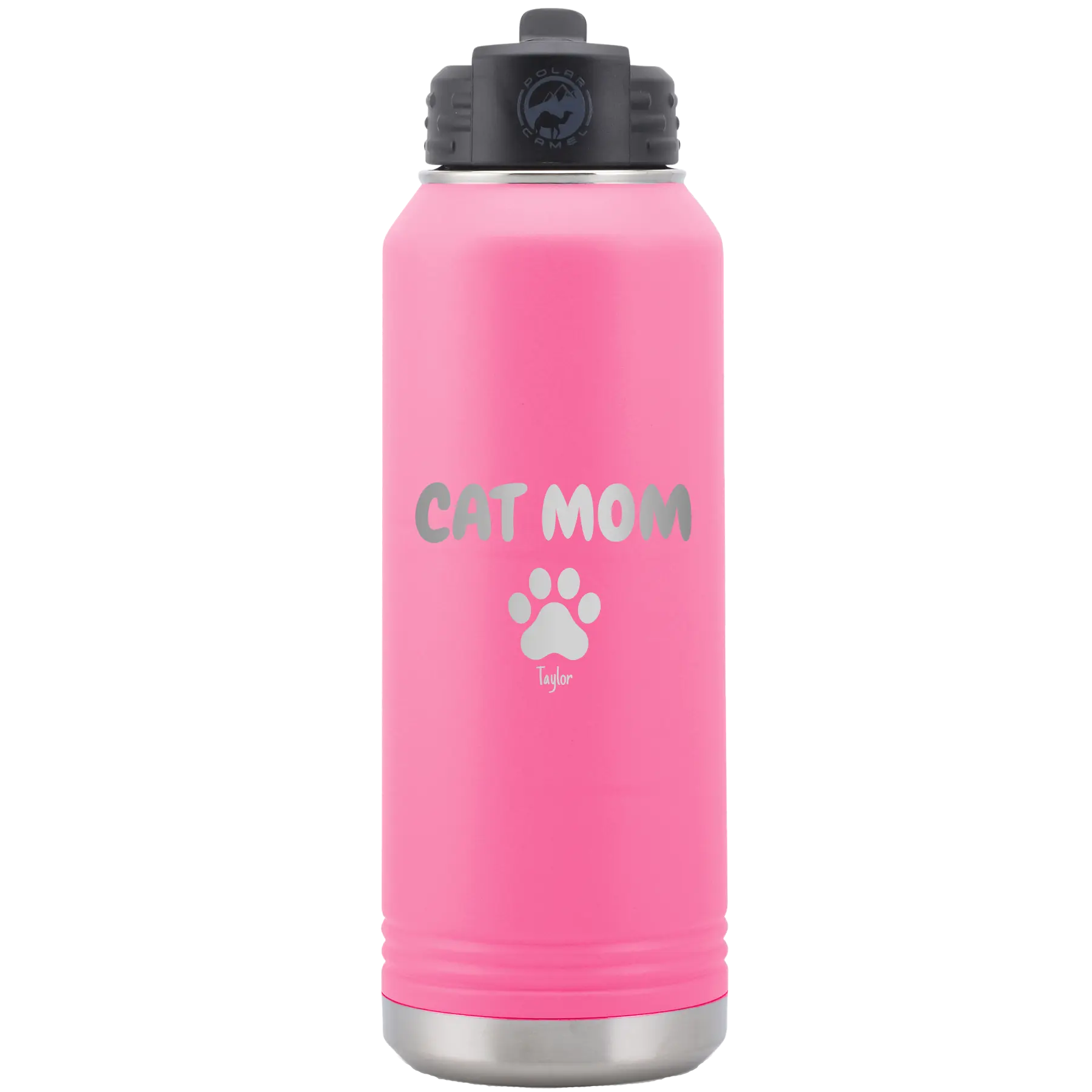 Personalized pink 32 oz vacuum insulated water bottle with 'Cat Dog Mom Dad 1 paw' design