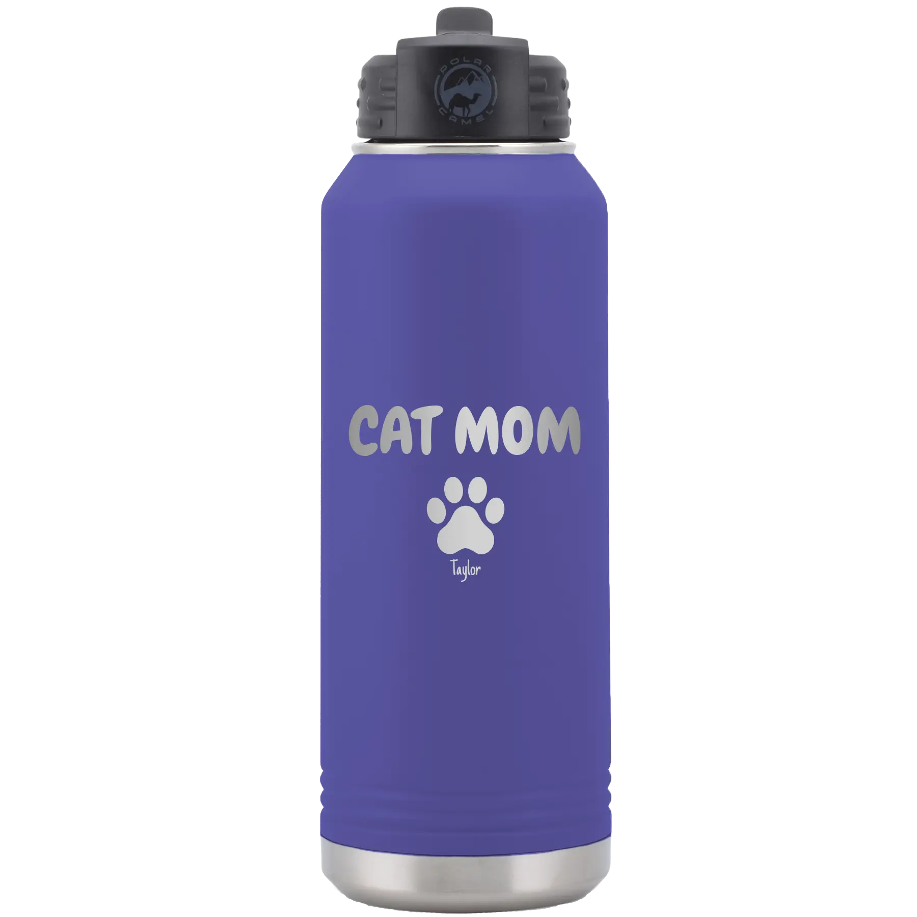 Personalized purple 32 oz vacuum insulated water bottle with 'Cat Dog Mom Dad 1 paw' design
