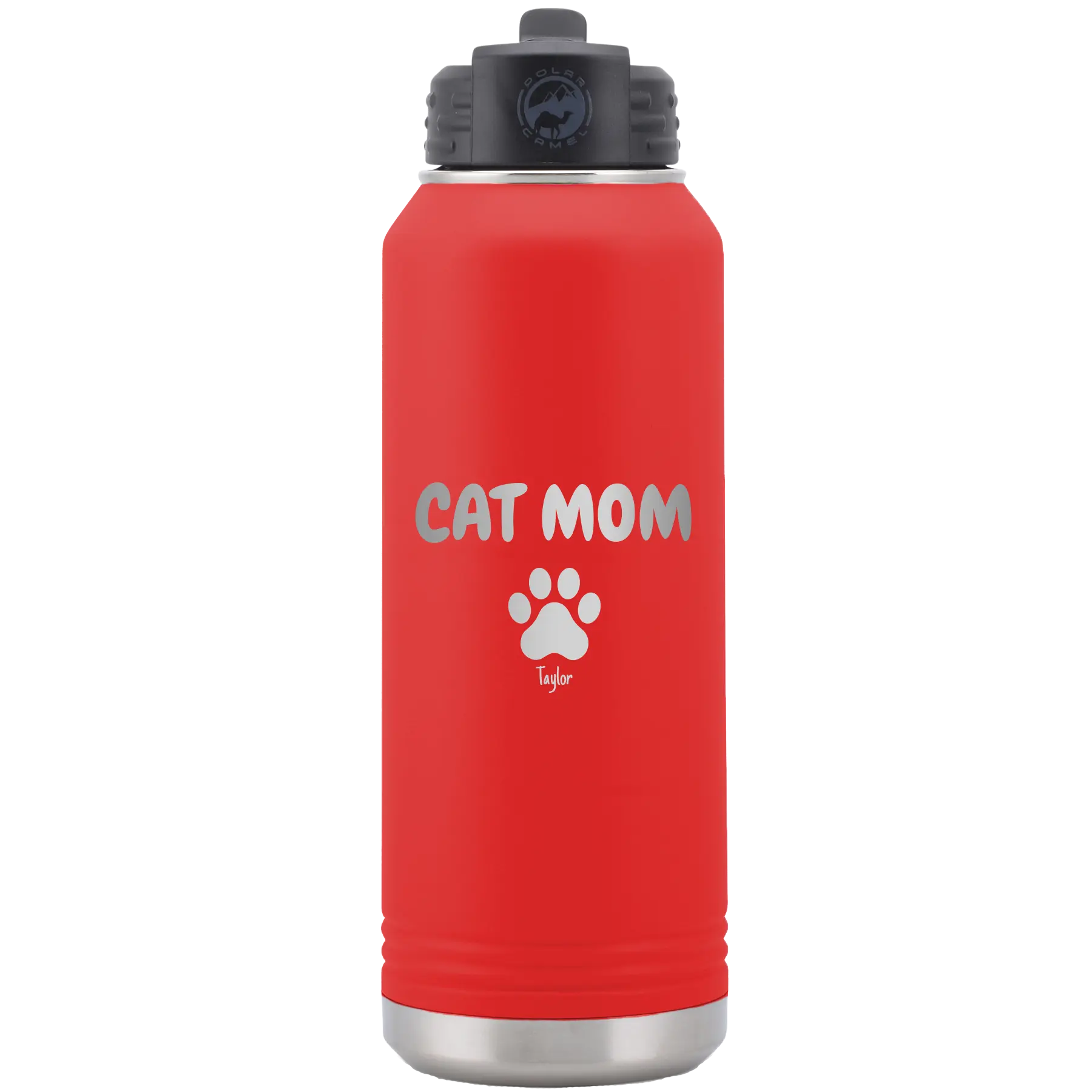 Personalized red 32 oz vacuum insulated water bottle with 'Cat Dog Mom Dad 1 paw' design