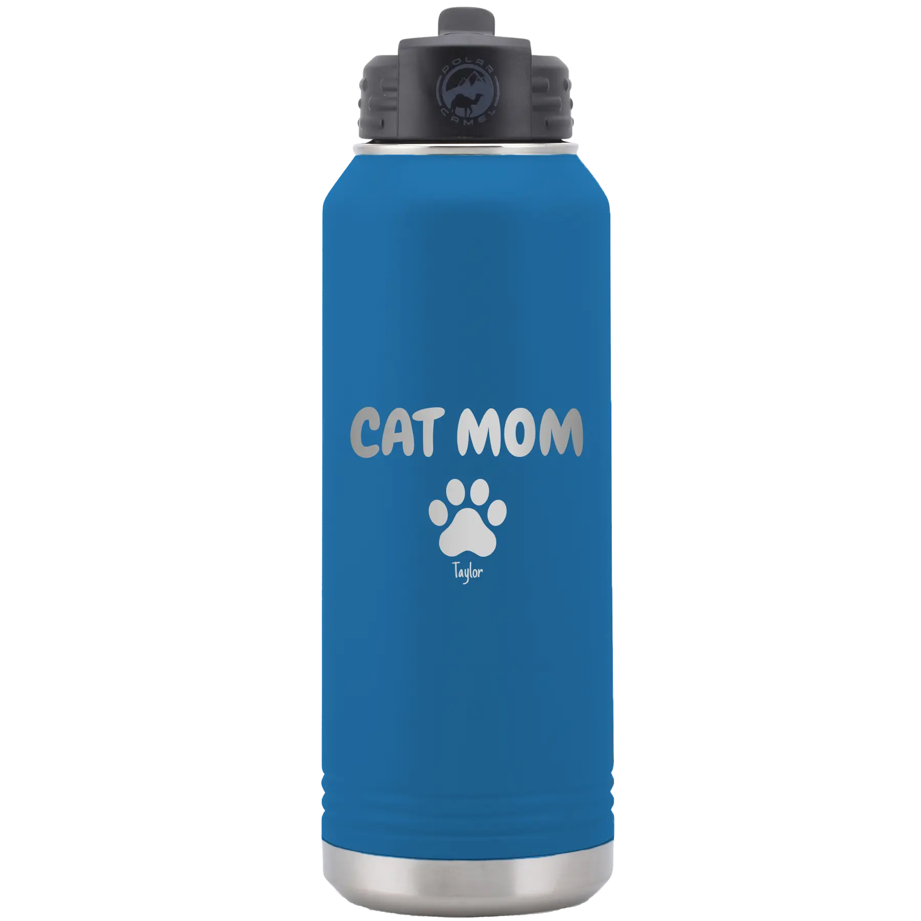 Personalized royal blue 32 oz vacuum insulated water bottle with 'Cat Dog Mom Dad 1 paw' design