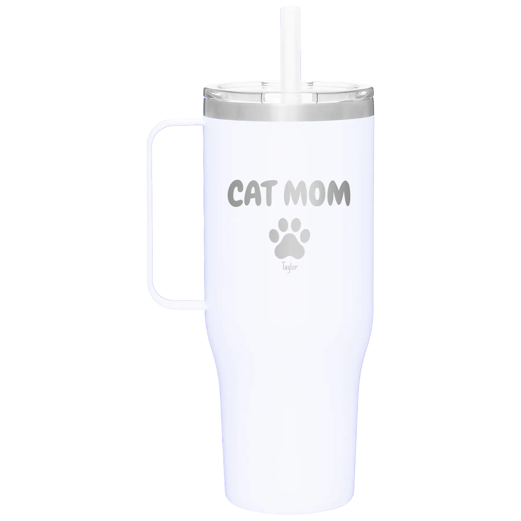 Personalized white 40 oz vacuum insulated tumbler mug with 'Cat Dog Mom Dad 1 paw' design