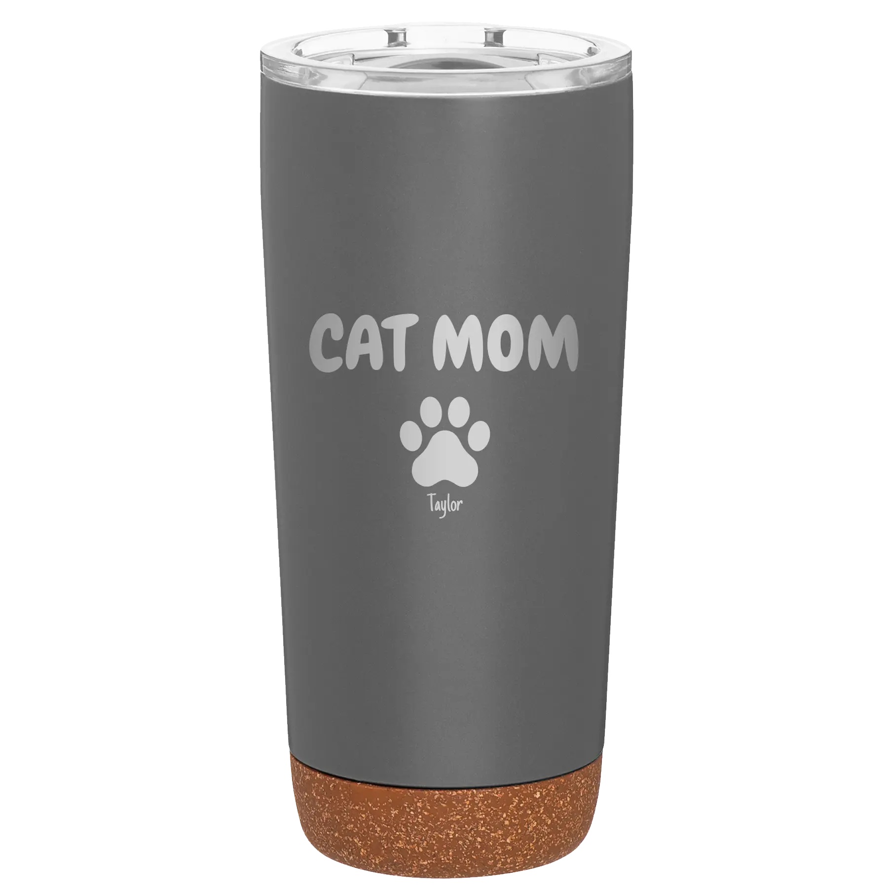 Personalized storm gray 20 oz vacuum insulated tumbler with 'Cat Dog Mom Dad 1 paw' design