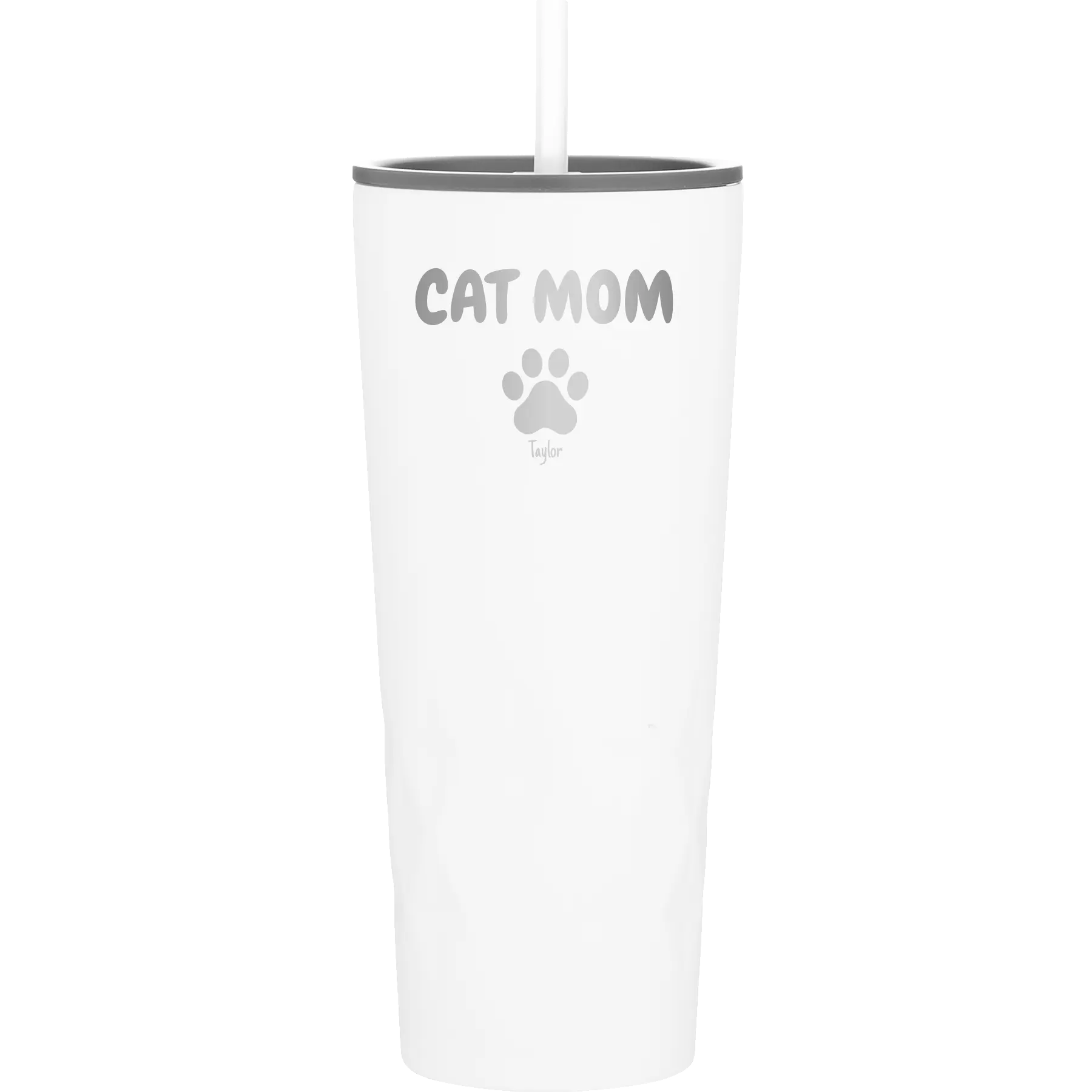 Personalized white 20 oz vacuum insulated tumbler with 'Cat Dog Mom Dad 1 paw' design