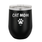 Personalized black 12 oz vacuum insulated wine cup with 'Cat Dog Mom Dad 1 paw' design