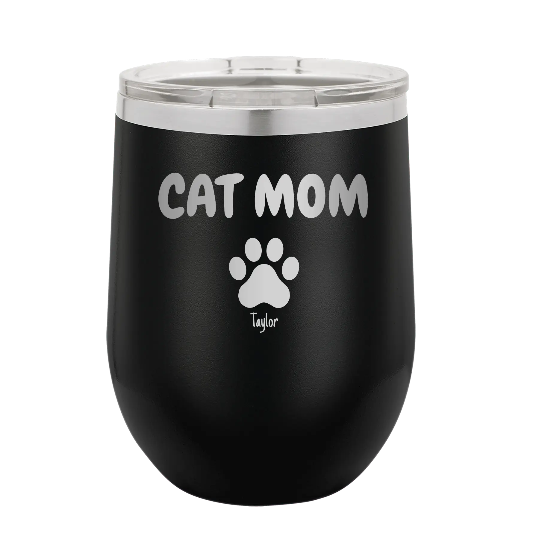 Personalized black 12 oz vacuum insulated wine cup with 'Cat Dog Mom Dad 1 paw' design